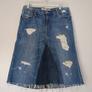 Y2K Holliester Denim Skirt with Frayed Hem Womens Size 9L Patch Skater Grunge